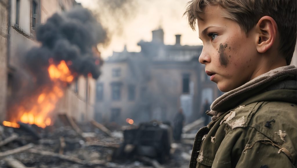 Young boy in a torn and dirty jacket looks on as a fire burns and smokes near ruins of buildings. 