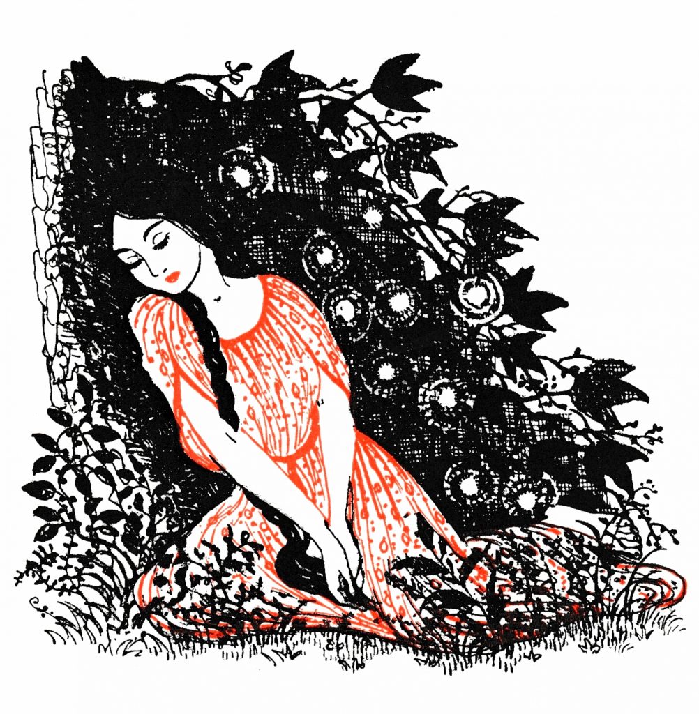 Line drawing of a female figure in a dress outlined and patterned in orange with her face and long braided hair in black sleeping against a variety of black flowers on a bush. 