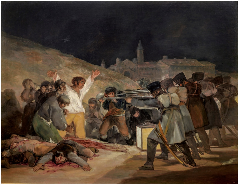 Francisco Goya's famous oil painting The Third of May 1808, where soldiers with guns line up to shoot unarmed men at night with a large building in the distance. One man has already fallen in a pile of blood. 