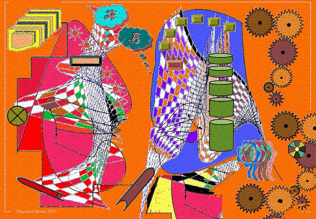 Complex abstract image on a bright orange canvas. White and black and red and green figure on the left has blue and green bubbles over his/her head and a pink outline and yellow boxes behind then while the blue figure on their right has green stacked cylinders and green rectangles and orange and blue and white wings and dark brown and orange gears near them. Image is supposed to represent conversation and exchange of ideas. 