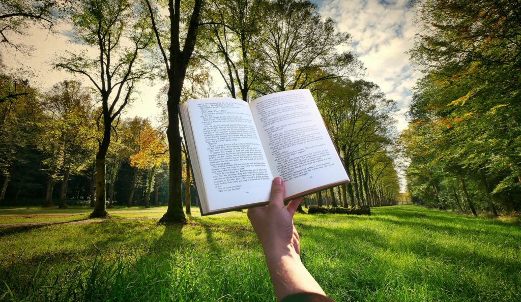 Light skinned hand holds up an open book showing text out on a grassy field with leafy trees and sunshine. 