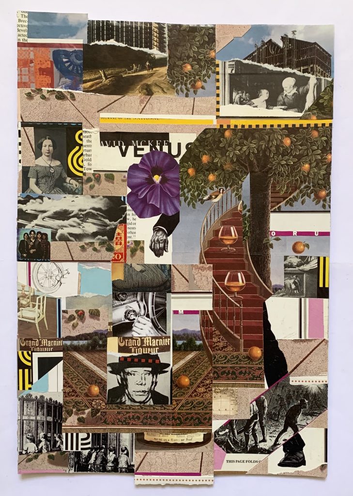 Collage of images including black and white vintage photos of people, a purple flower, an orange tree, oranges on carpets, and glasses of sherry on a staircase. 