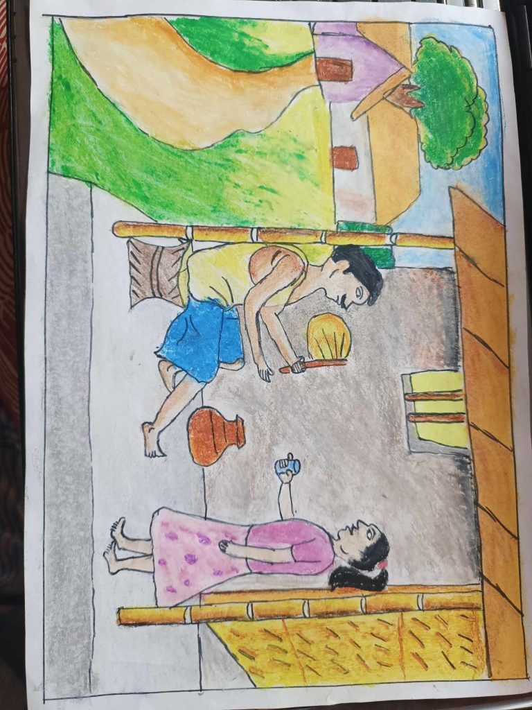 Pencil drawing of a couple inside a small wooden lean-to in the country. The man has a yellow shirt and blue shorts on and holds a fan and the woman has a pink blouse and skirt and her hair in a ponytail and holds a blue bottle. There's a window and a jar on the floor. Outside there's a house and grass and a tree and blue sky. 
