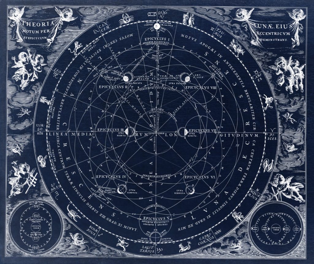 Ancient Latin star chart with writing and illustrations of cherubs in white on a dark blue background. 