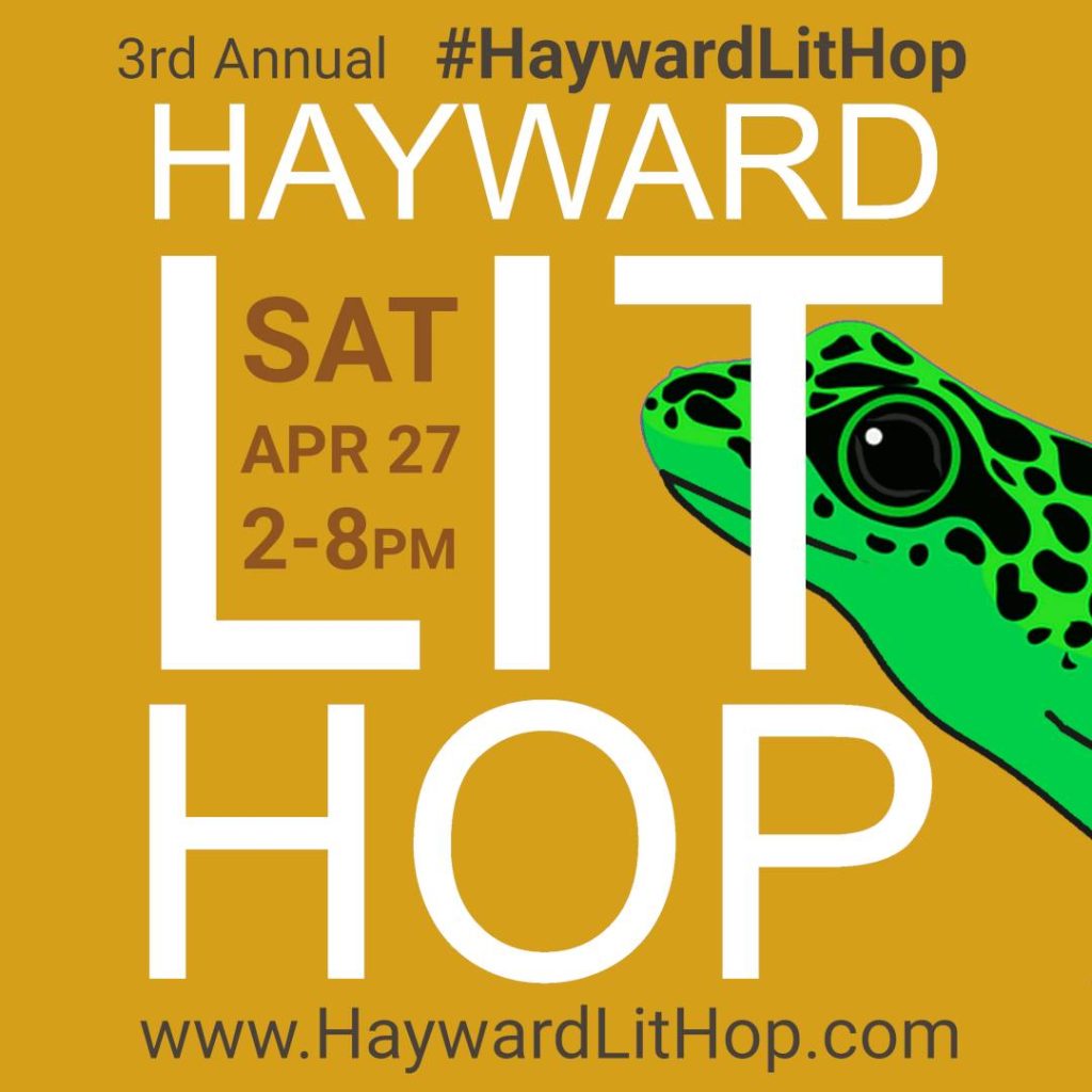 Icon for Hayward's downtown Lit Hop, Orange background with green frog and white text reading Lit Hop, Saturday April 27th, 2-8 pm. Haywardlithop.com 