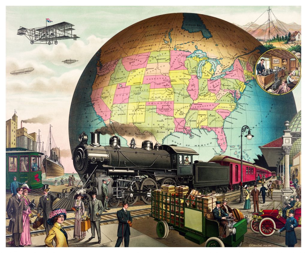 Vintage image of a biplane, a steam train, a luggage cart, various people in suits and dresses, a boat and cable car and city scape, and old timey cars in front of a map of the United States and Canada. 