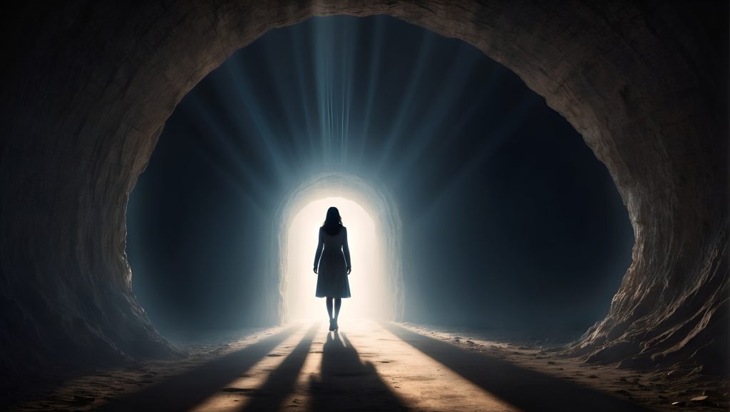 Female figure walks off towards a portal in a cave with an arched doorway and light. 