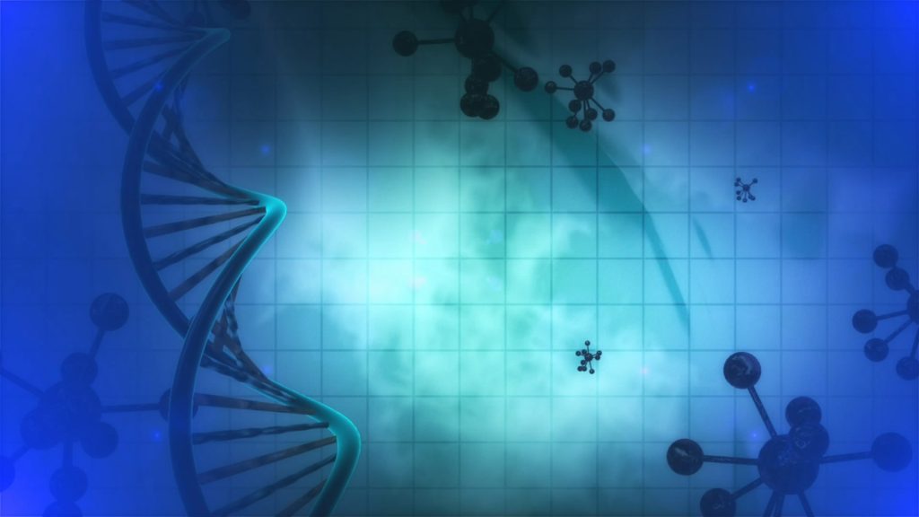 Dark blue and light green background with hazy clouds, image of a blue DNA double helix and microbe molecules in the foreground. 