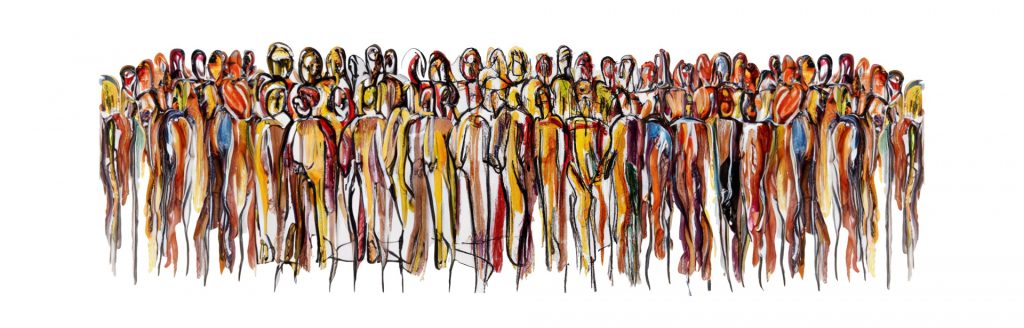 Line drawing of various human figures standing shoulder to shoulder in a large amorphous group. Image is yellow, blue, red, orange, brown, green, and black. 