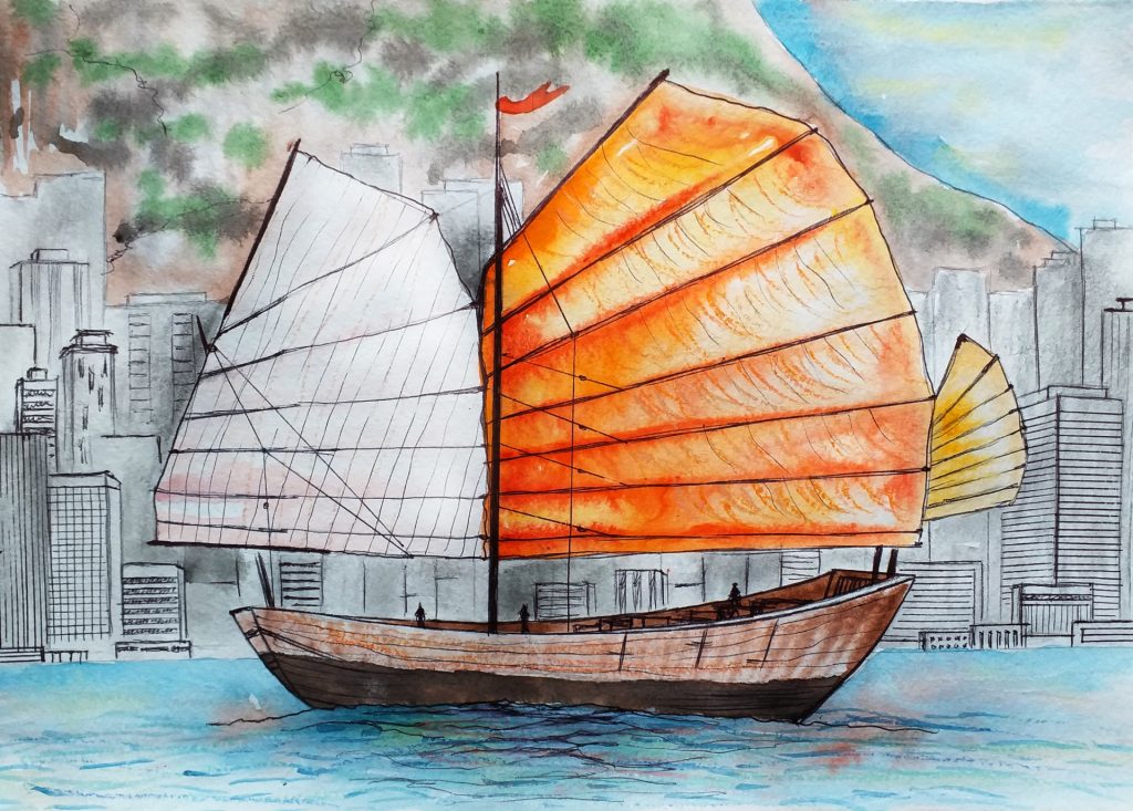 Pencil drawing and watercolor of a Chinese sailing ship with a red sail and a white sail and a red flag out on the blue water in front of a city with skyscrapers and a hill with brown dirt and green leafy trees. 