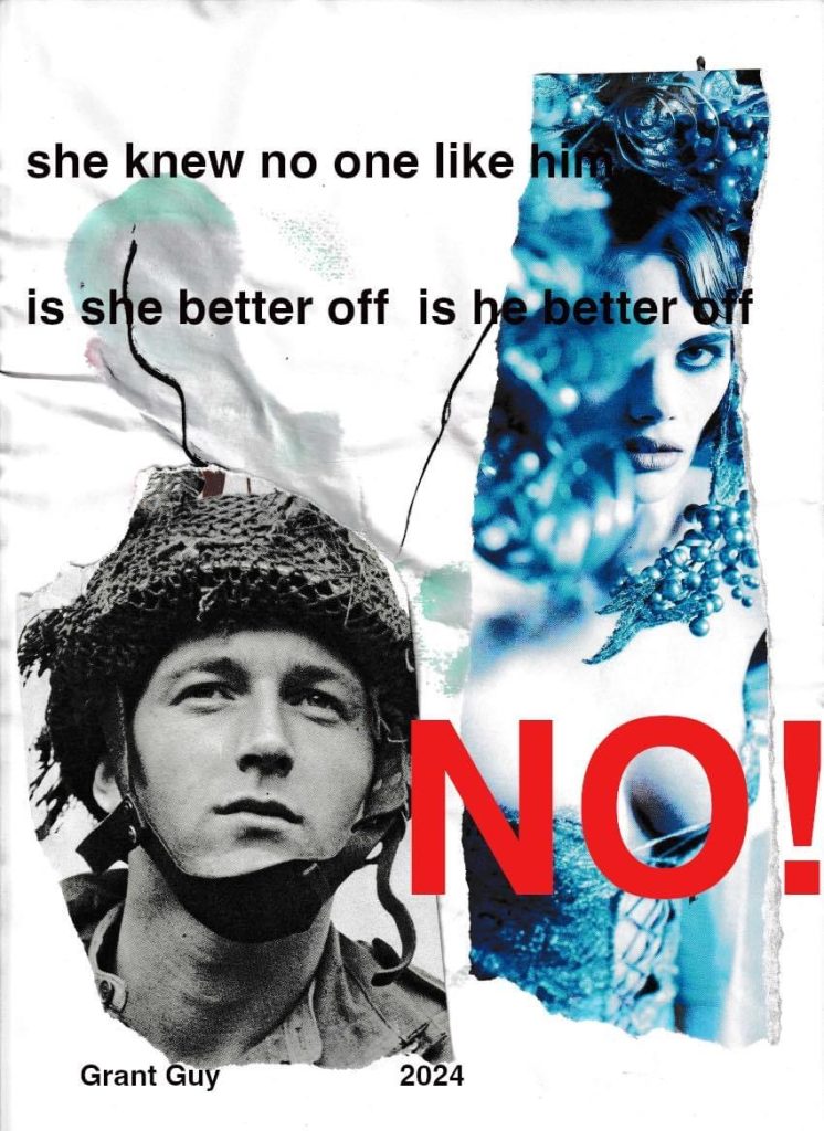 Black and white blue-tinged image of a white woman peeping out from behind foliage on the right, a black and white image of a white man in a military helmet om the left. Text reads "she knew no one like him, is she better off, is he better off" and a red NO! is in the lower right. 