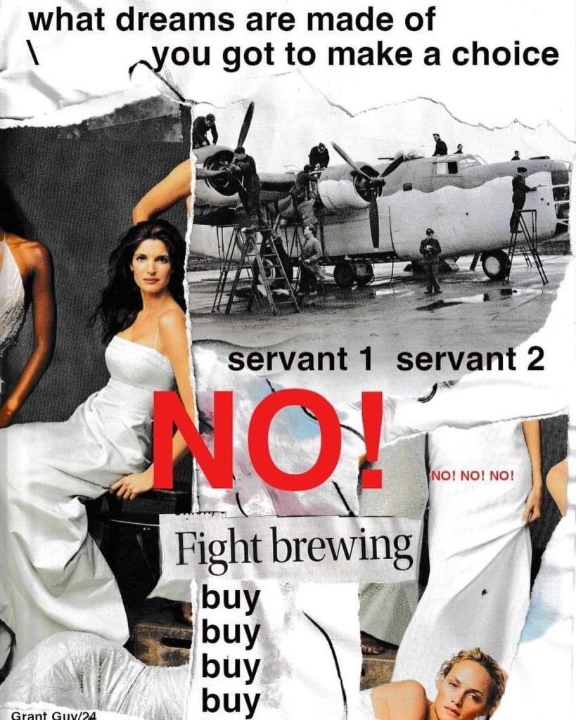 Images of a woman in a long white dress and of people in front of an airplane with propellers. Text reads NO! and then smaller no, no no. Words say "fight brewing" and buy buy buy buy. 