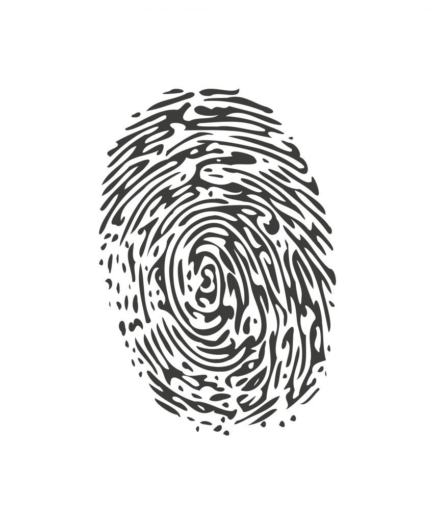 Black fingerprint on a clear white background. 