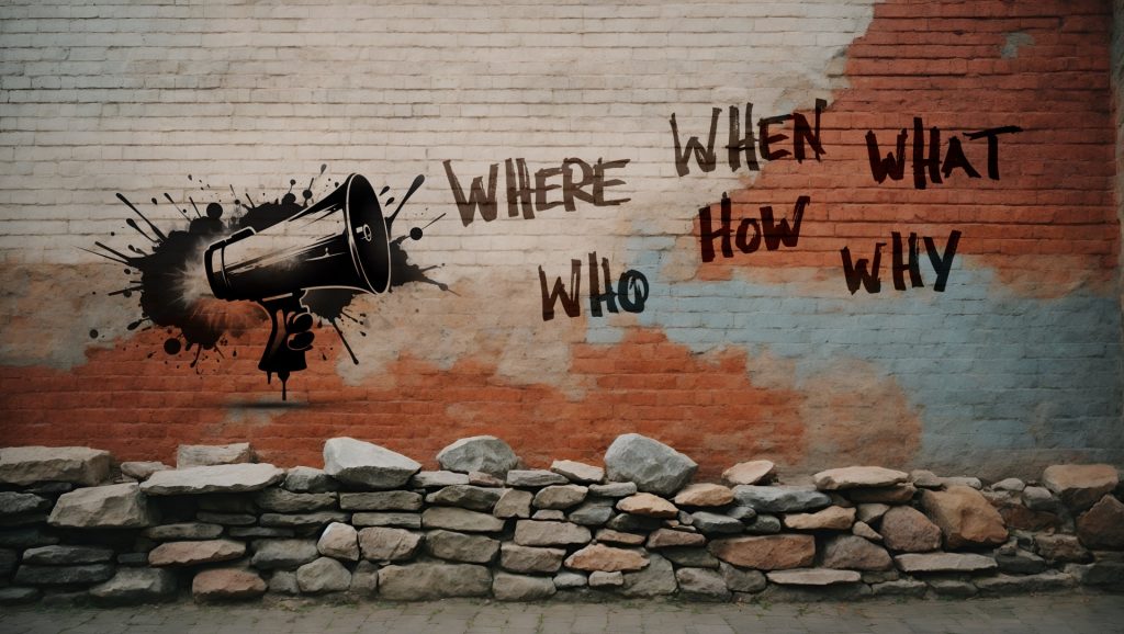 Image of a megaphone painted onto a wall and the words "Where, When, Who, How, What, and Why" scrawled in black to its right. Wall is brick with splotches of blue and white paint over the red bricks and the gray and tan stones below. 