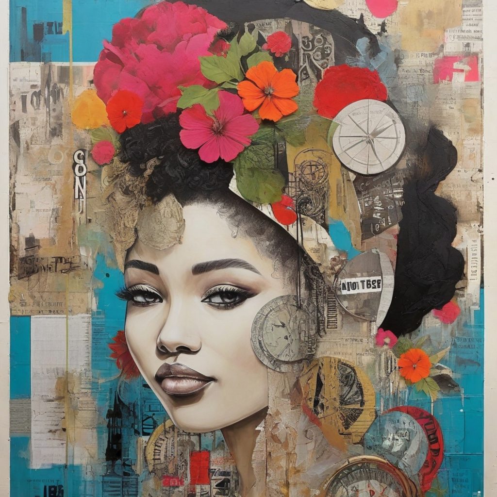 Image of a Black woman with big hair with flowers and compasses and newspaper clippings and blue paint and circles all around her. 