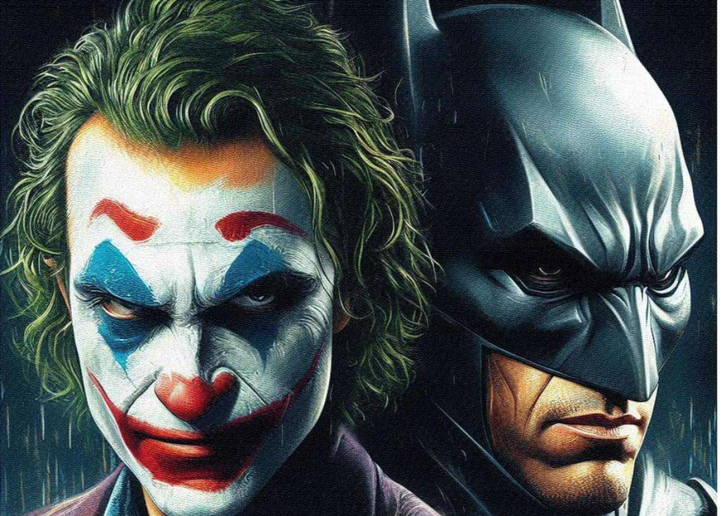Image of Batman's helmeted face and the Joker's painted faces next to each other.