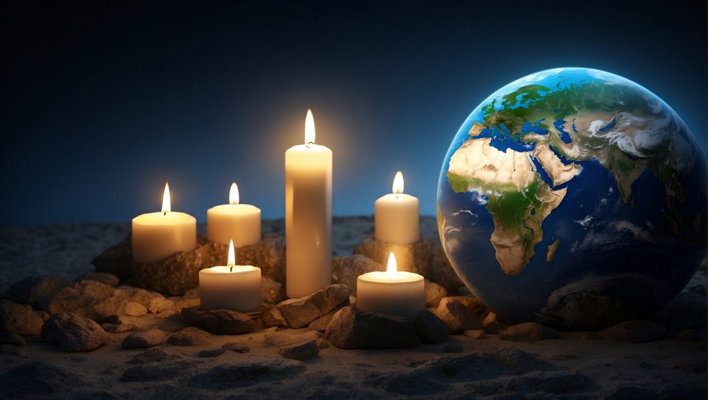 White candles lit on a cloth out at night near a globe that's partly illuminated. 