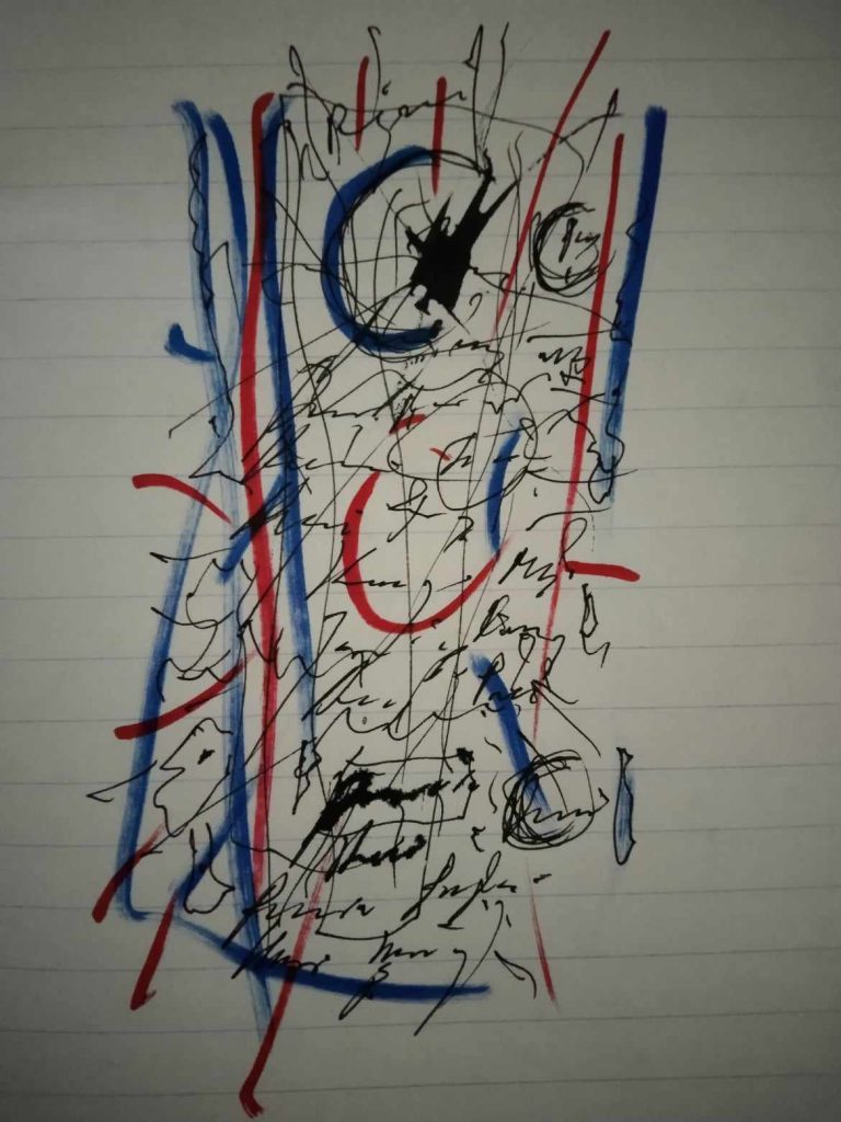 Black pen squiggles on a white piece of binder paper with red and blue marker squiggles. 