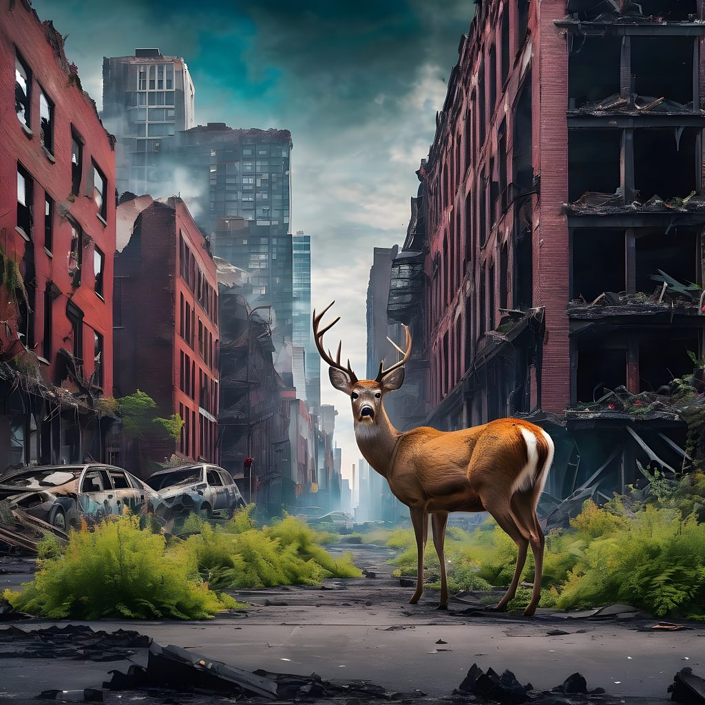 Nature, ferns and a large deer, re-entering a city where brick buildings are collapsing and damaged with the windows fallen out and cars are wrecked metal shells. It's cloudy and foggy.