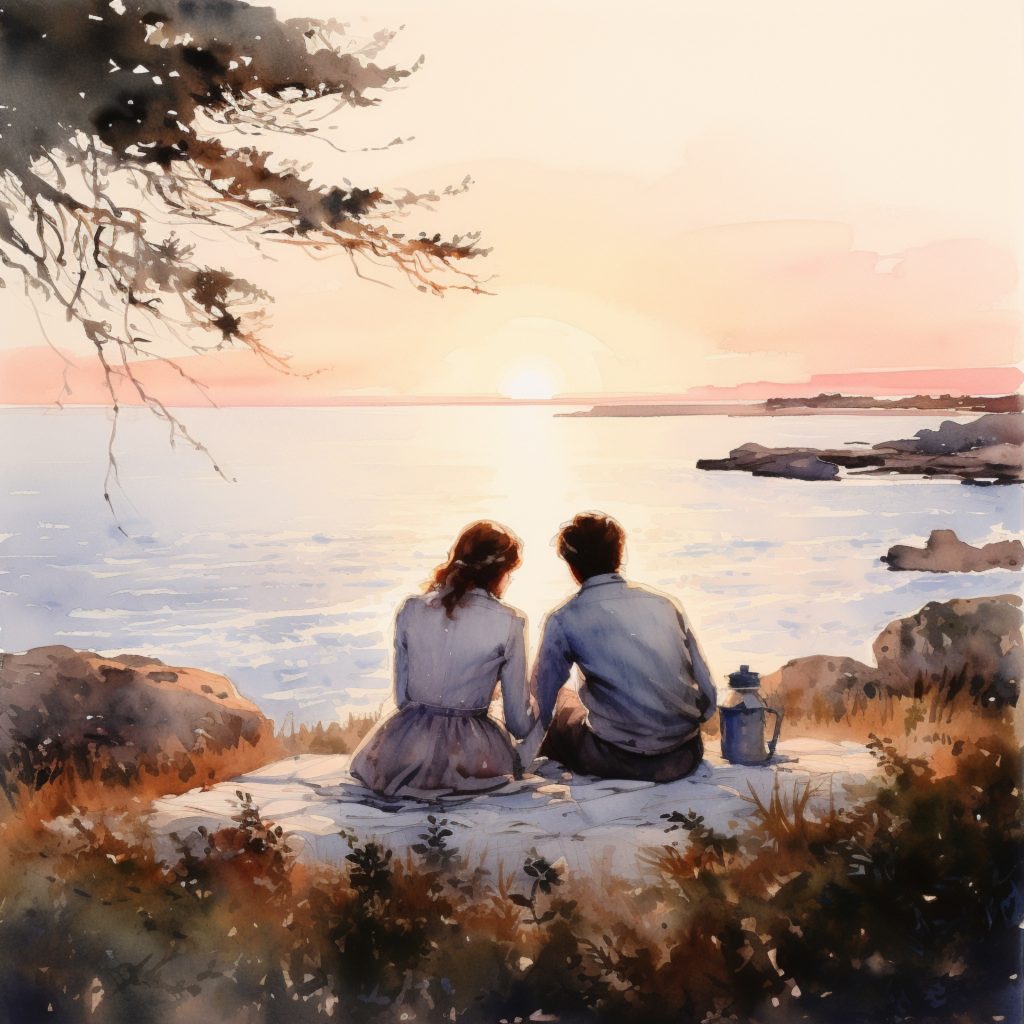 Watercolor of a couple sitting on a blanket on the beach at sunset/sunrise. A windswept cypress branch is above them and shrubs and grasses and rocks are around them. Their backs are to us and the woman has a skirt and the man has a nice collared shirt and they have a kettle. 