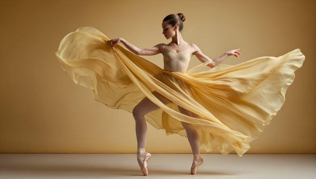 Light skinned ballerina poised between left and right, up and down, with her yellow robe outstretched. 
