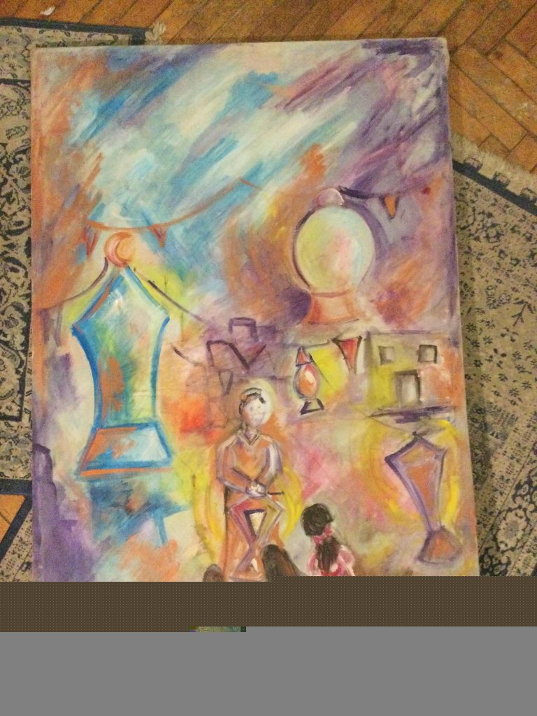 Canvas impressionistic painting of a person at a circus (?) seated in front of an audience with lamps and banners in the background. Orange, blue, purple colors. 