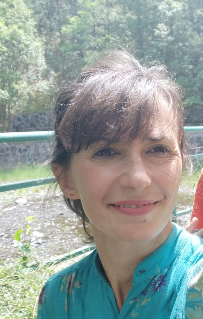 Light skinned middle aged woman with straight brown hair and a smile in front of a mental fence, grass, trees, and a stone wall. 