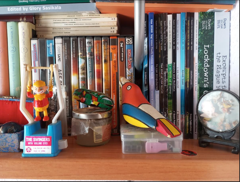 Full bookshelf with colorful toys and figurines on the wooden shelf in front of the books. 