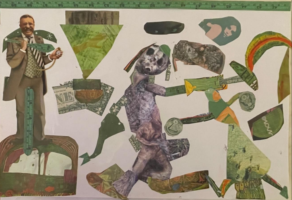 Mostly green and gray and brown dollar bill, dog, man in a suit and dancers on a tan background. 