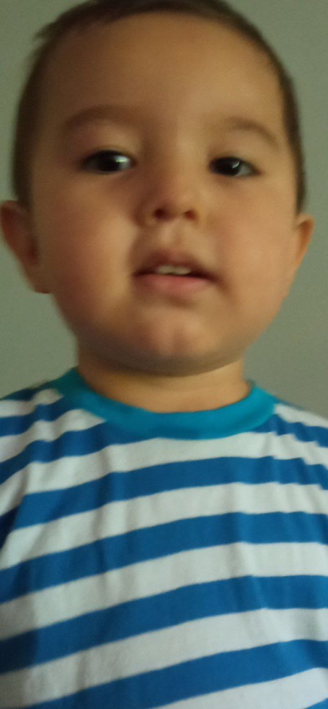 Central Asian boy with short dark hair, dark eyes, and a blue and white striped tee shirt. 