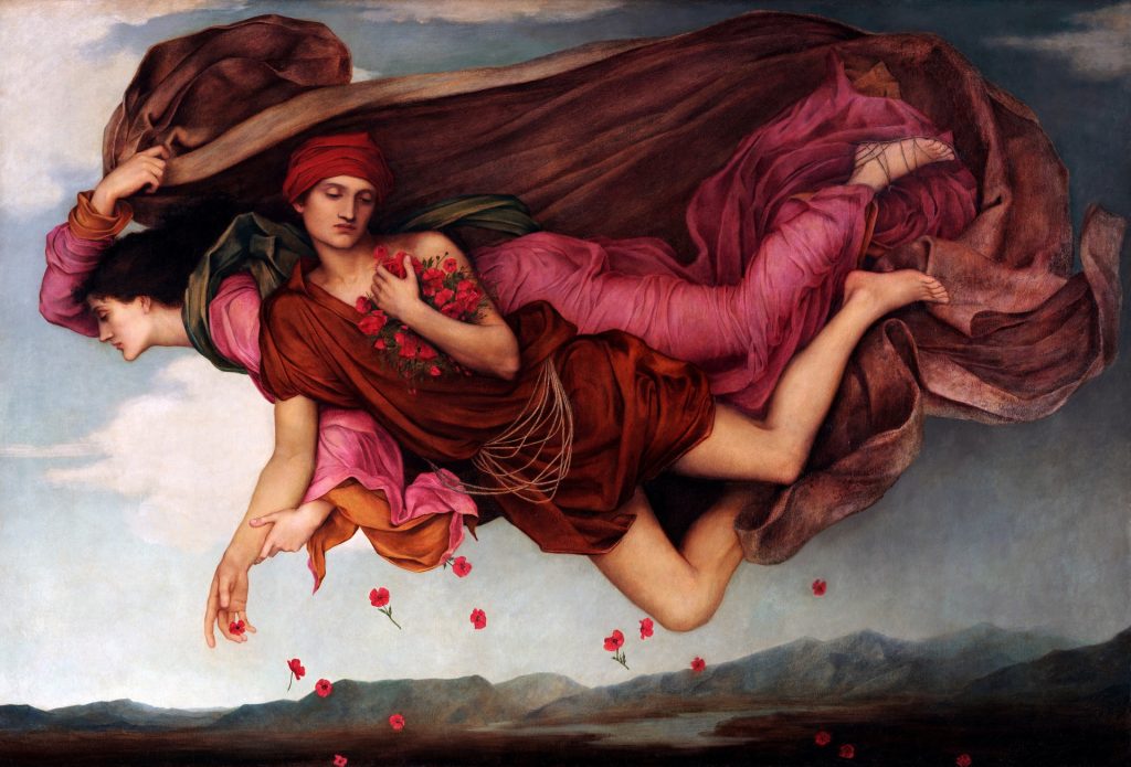 Stylized vintage painting of a light-skinned woman and boy in red, brown, and burgundy robes and coats which billow out behind them as they fly through the sky scattering red poppies on the land and mountains below them. 