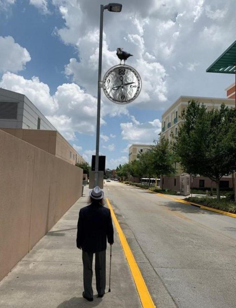 Metal medallion on a post with a bird on top in a cityscape with a road and a cloudy sky. Man walking with his back to us, a coat, and a hat and cane. 