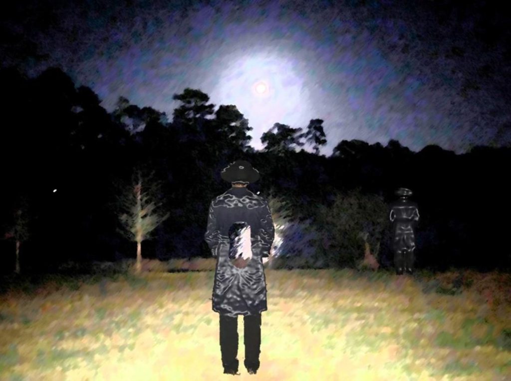 Stylized image of a figure with a coat and hat walking towards the moon on a dark night, into a forest near a similar figure. 