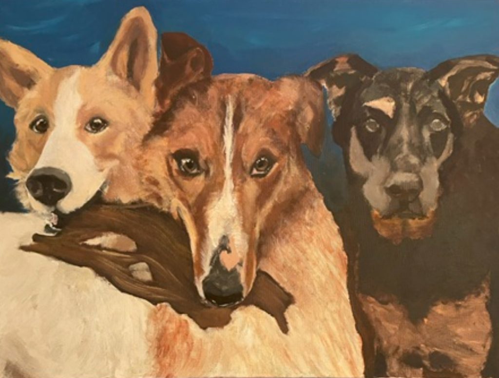 Painting of three dogs. One on the left looks curious, one in the middle looks friendly, one on the right looks focused and serious. One on the left is tan, one in the middle is brown, one on the right is black. 