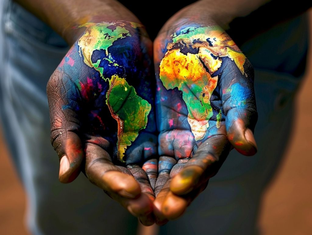 Darker skinned person's hands cupped in front of them with a colorful (yellow and green and blue) world map superimposed on them. 