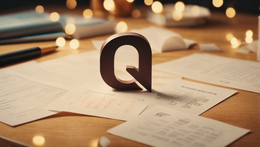 Papers with numbers on a wooden table with little dots of light and a wooden letter Q and a pen. 