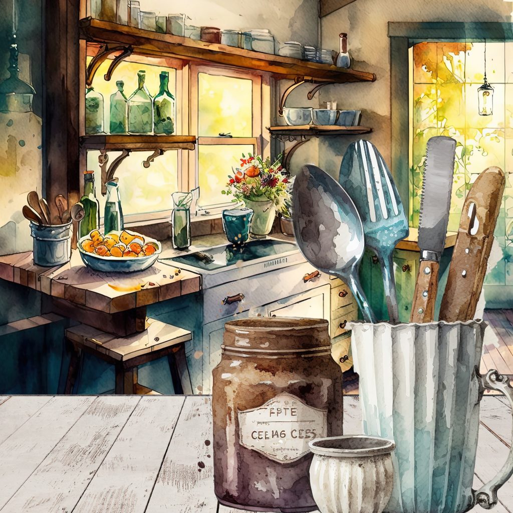 Country kitchen watercolor scene. Silverware in a bucket, jars and dishes on wooden counters and shelves, flowers and a bowl of lemons out, spoons and implements in a bucket. Lantern and trees and sunny day outside. 