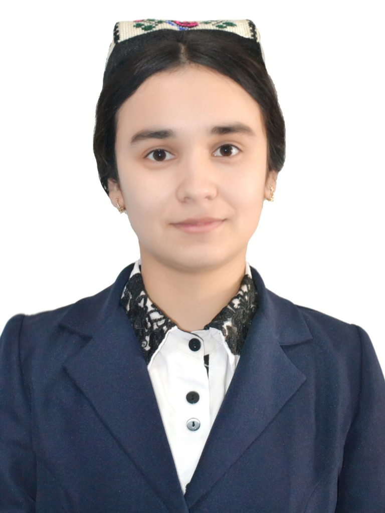 Central Asian teen girl with brown hair up in a bun, brown eyes, an embroidered headdress, earrings and a dark suit coat over a white blouse with black lace on the neck. 