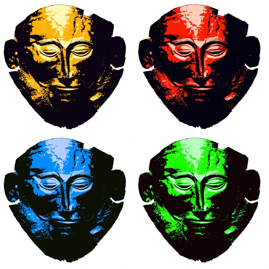 Ancient Greek masks of warrior Agamemnon with closed eyes and a nose and eyebrows. Four masks in a grid, yellow, red, blue, and green. 