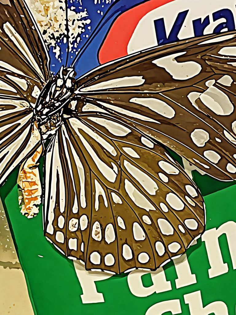 Stylized metallic brightly colored image of a brown moth on top of a Kraft Parmesan cheese container. 