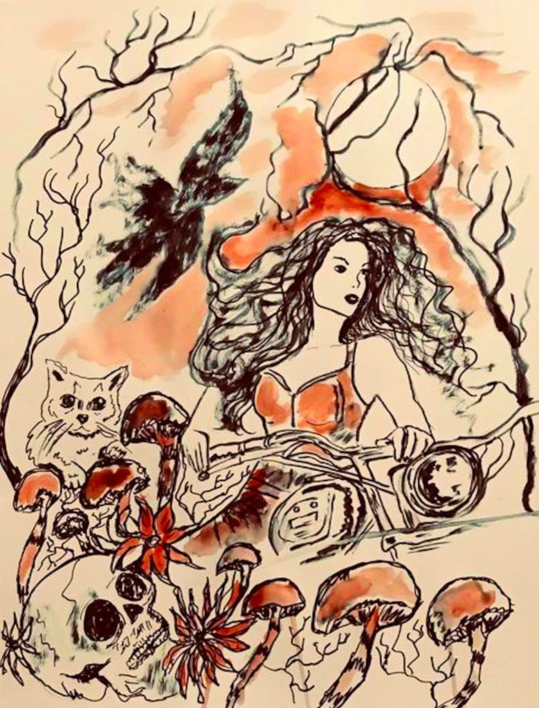 Pencil drawing of a woman in a dressy top, cats, barren trees, mushrooms, flowers, a bird, and a skull in the moonlight. Abstract stylized art, scene is tan and peach colored. 