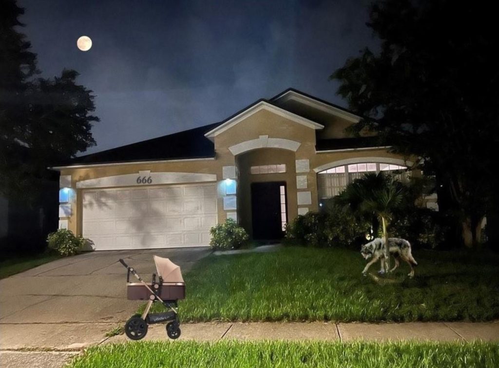 Suburban home with a garage and the moon overhead at night with a rocking horse in the lawn and an empty baby carriage in front. The moon is out, there are a few trees, and the house is number 666.