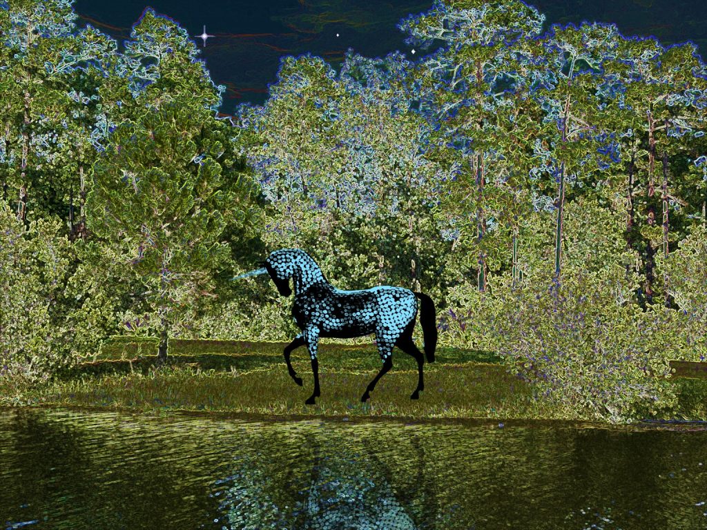 Solarized image of a black horse on grass and under leafy trees near a pond.