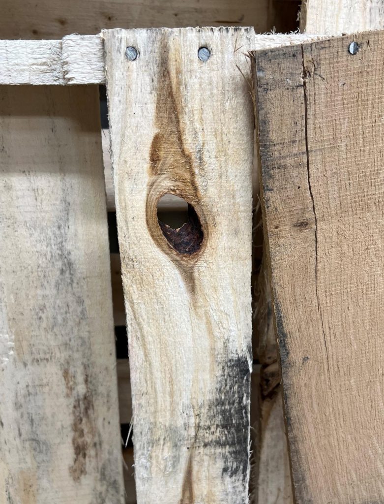 Three slabs of wood in a fence, knothole in one of them. 