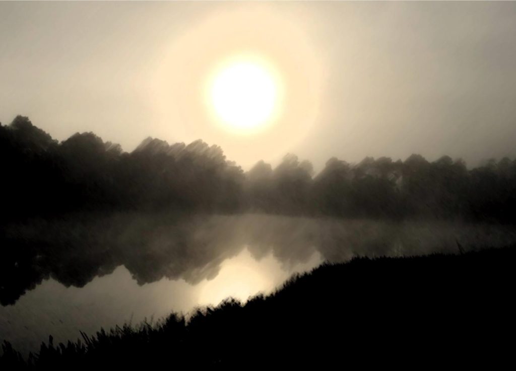 Sunrise over a pond with trees. Looks like a watercolor or pencil drawing. 