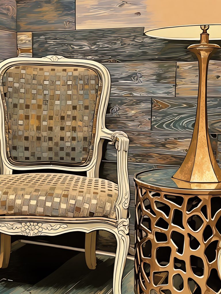 Image of a tan padded chair next to a wooden plank wall and a tan lampshade on a glass table. Photograph made to look like a drawing. 