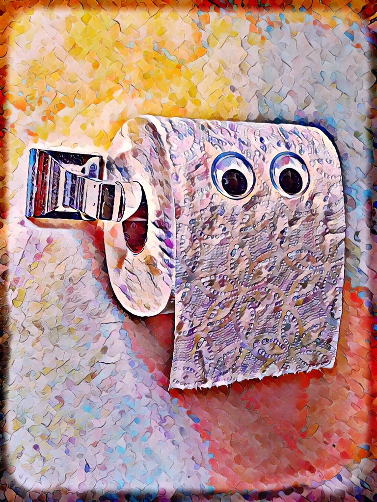 Faded watercolor-like photograph of googly eyes on a toilet paper roll. Yellow, blue, red, and purple tinge. 