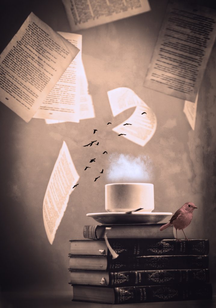 Steam arises from a small white cup on top of a stack of hardcover books with decorative spines. A small bird stands on the books and looks pinkish in the light. More black birds circle overhead and so do pages with text on them. 