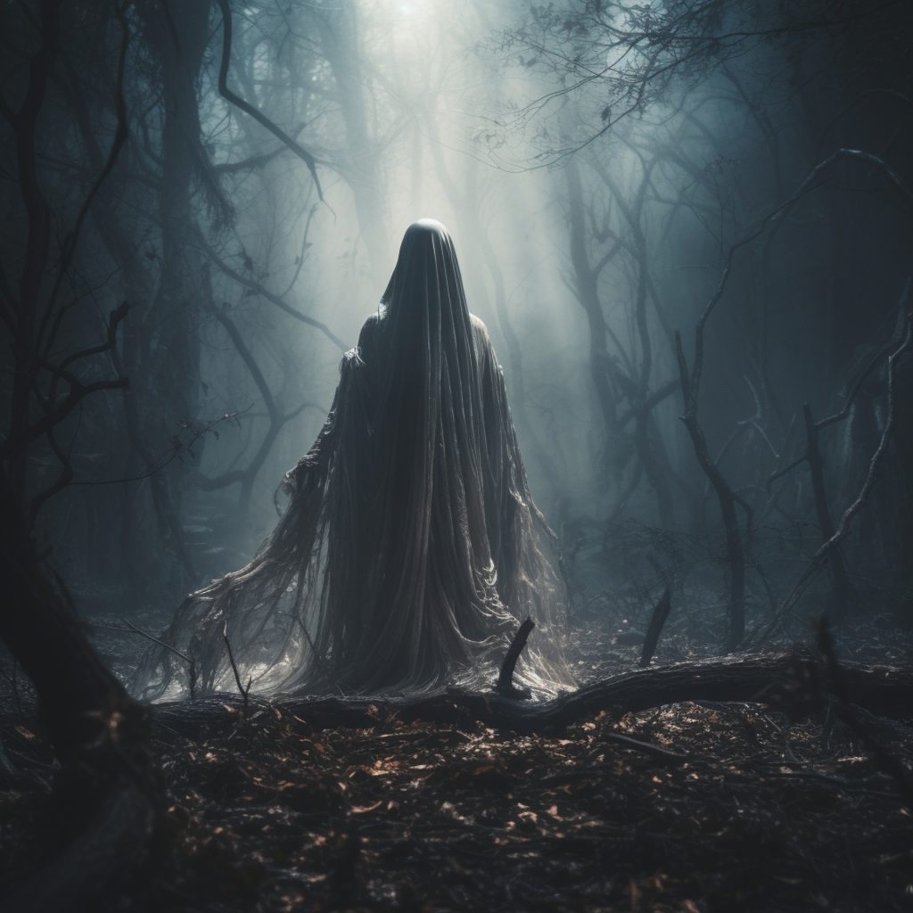 Spectral figure in a white ragged cloth standing in a forest clearing amid barred trees, illuminated by light. 