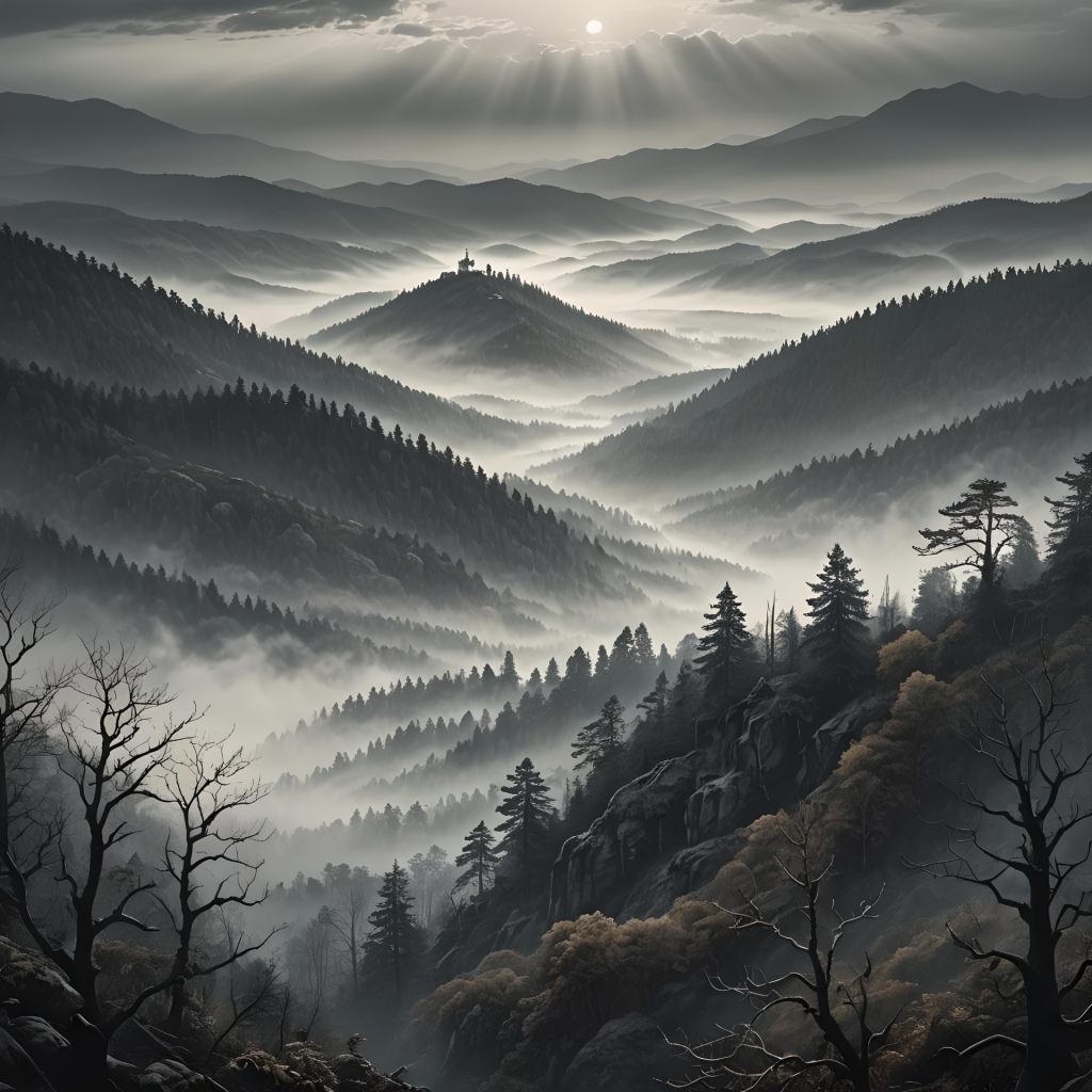 Painting of a mountain vista with tree-lined ridges shrouded in mist. Some bare trees in the foreground, others with leaves in the background. 